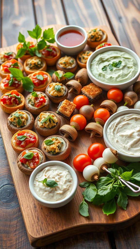 A variety of appetizers including bruschetta, stuffed mushrooms, and caprese skewers on a rustic table.